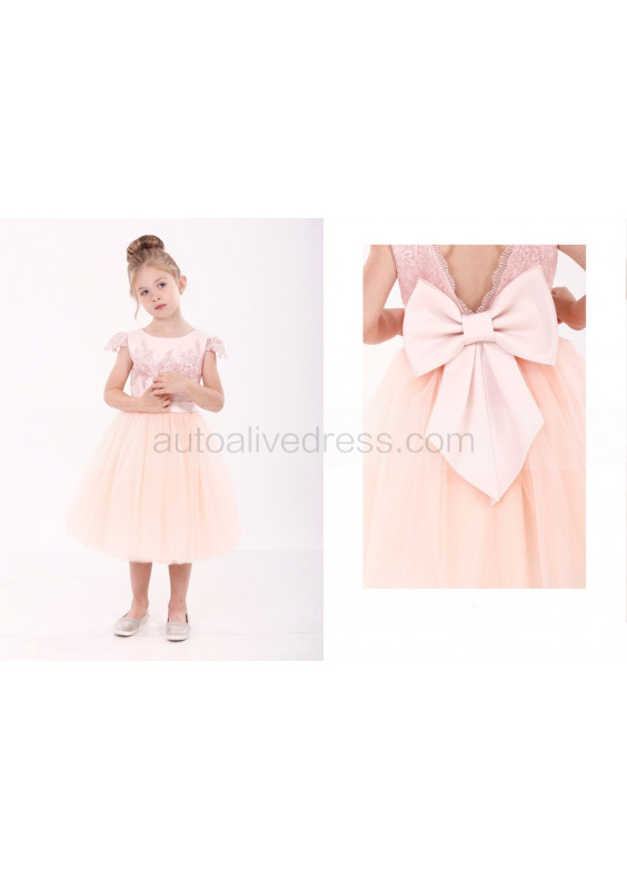 Peach Lace Tulle V Back Flower Girl Dress